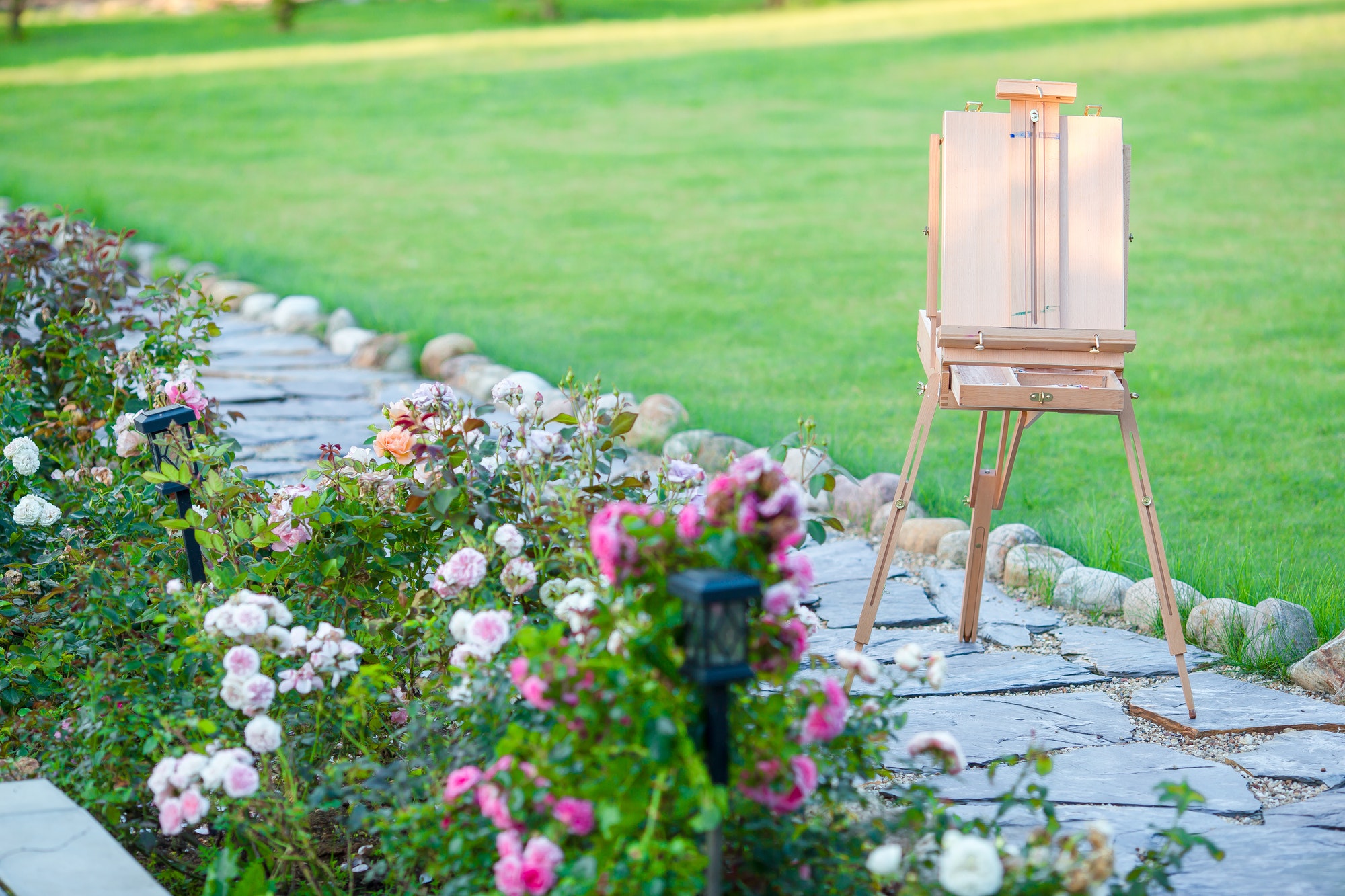 Closeup an easel in beautiful garden