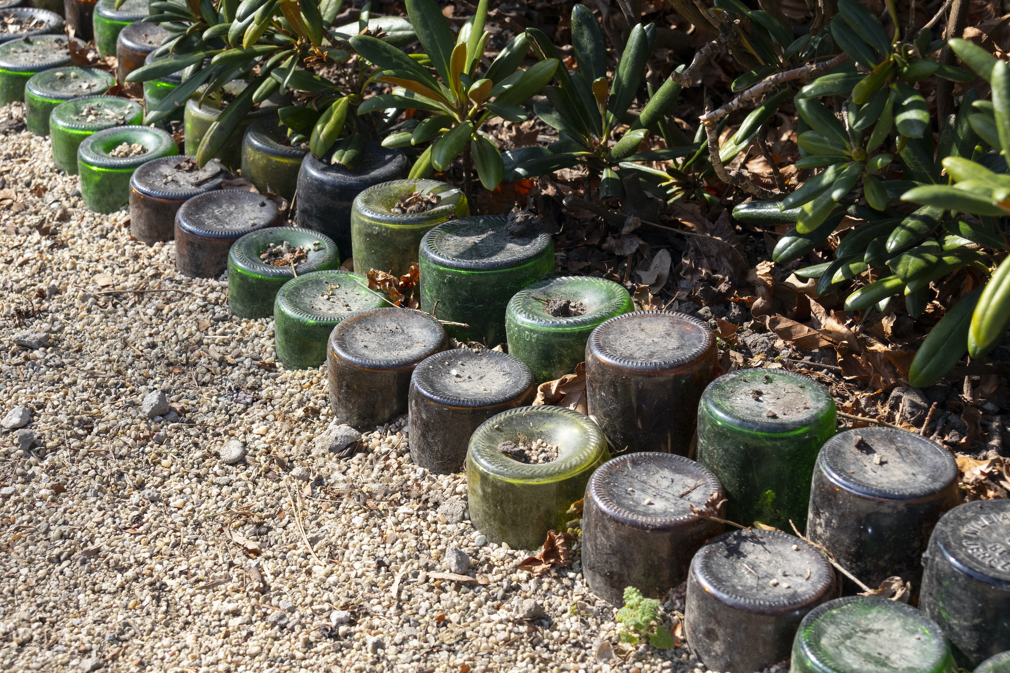 Reuse of glass bottles as a border in the garden